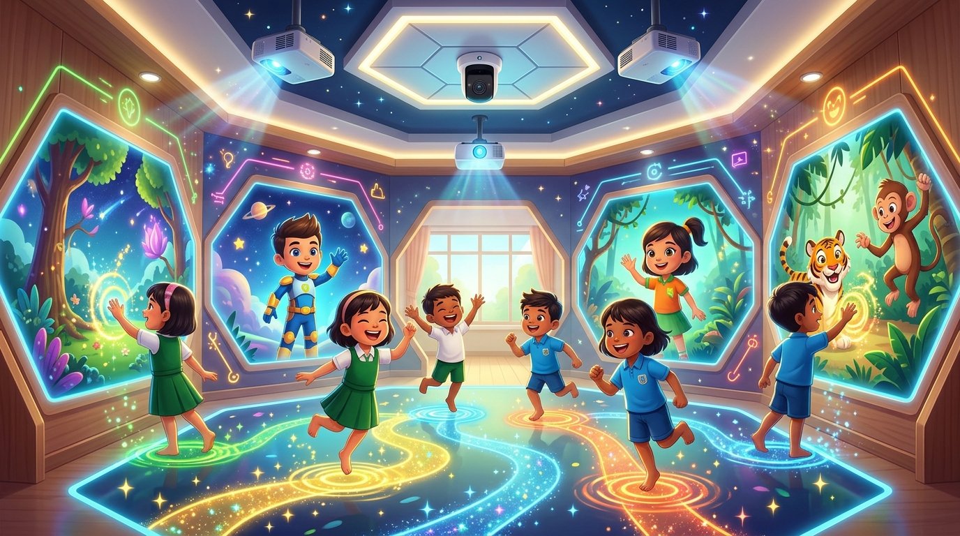 Suasana Ruang Immersive BESTARI dengan anak-anak bermain di dinding dan lantai interaktif